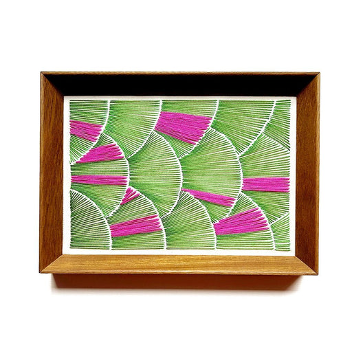 Quadro contemporâneo – Arte bordada, verde e magenta, trabalho manual para arquitetos